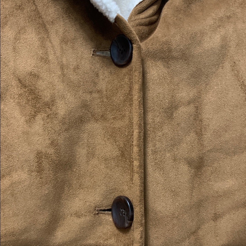 LANDS’END. Brown Faux Suede Coat with Cream Trim - Picture 4 of 8